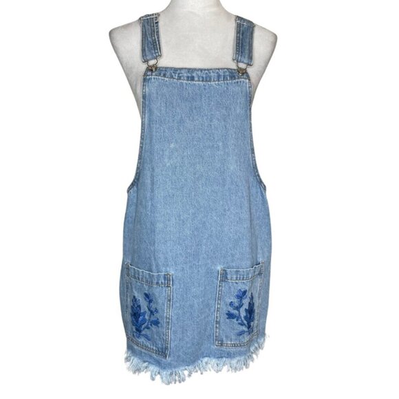 Forever 21 Women's Embroidered Floral Blue Denim Skirt Overall Pockets Sz Large - Picture 1 of 9